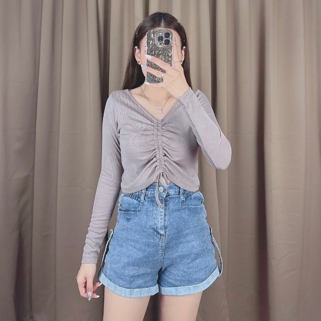 Ella Top Serut Vneck Knit Long Sleeve / Blouse Serut Lengan Panjang