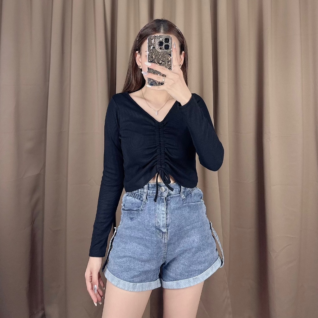 Ella Top Serut Vneck Knit Long Sleeve / Blouse Serut Lengan Panjang