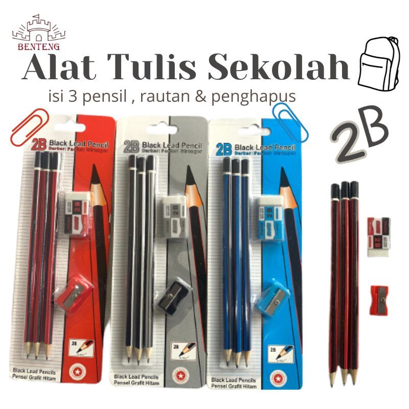 

2B - Termurah Set Pensil 3pc Penghapus Rautan Alat Tulis Selkolah