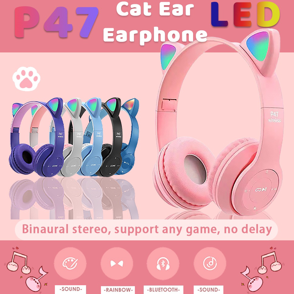 Big Sale.. Headphone Headset Bando Bluetooth P47M RGB LED CAT Earphone Wireless Gaming Stereo Bass