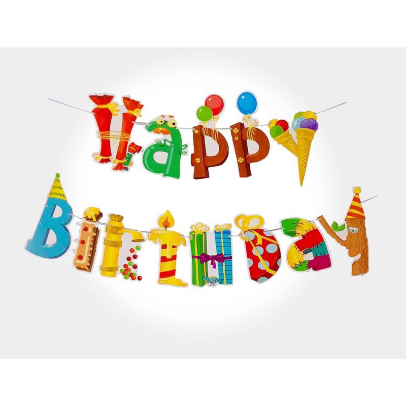 Banner tulisan happy birthday tema dessert makanan penutup / baner bunting flag ice cream eskrim es 
