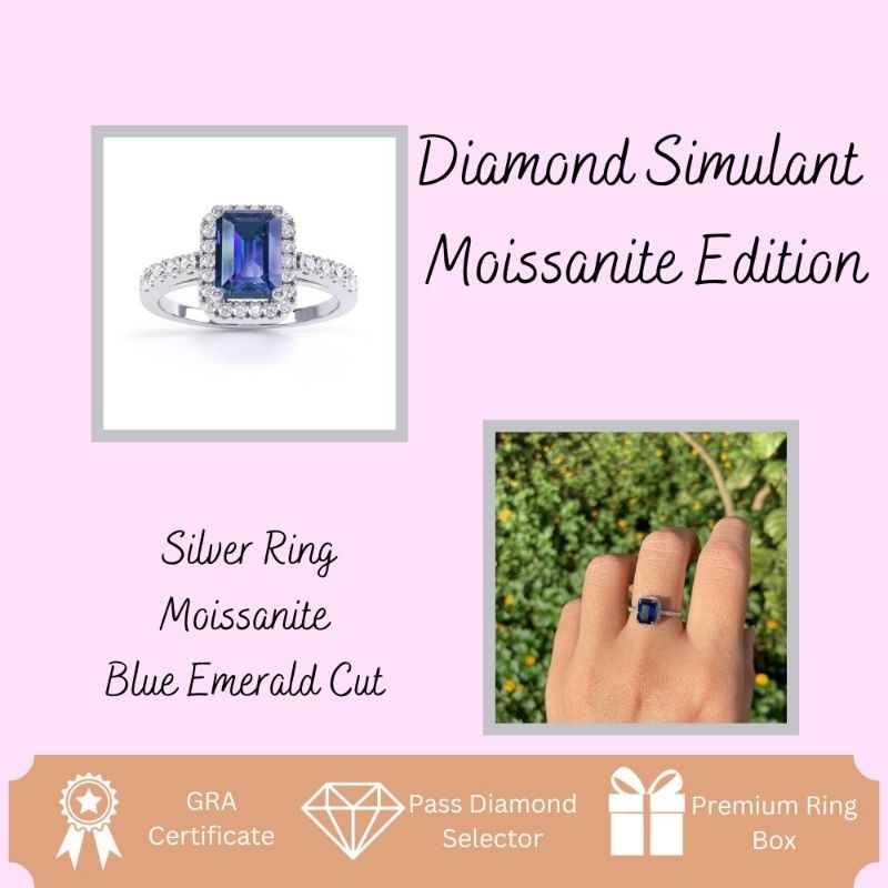 LJB-Cincin Wanita Silver Ring S925 Moissanite Blue Emerald Cut