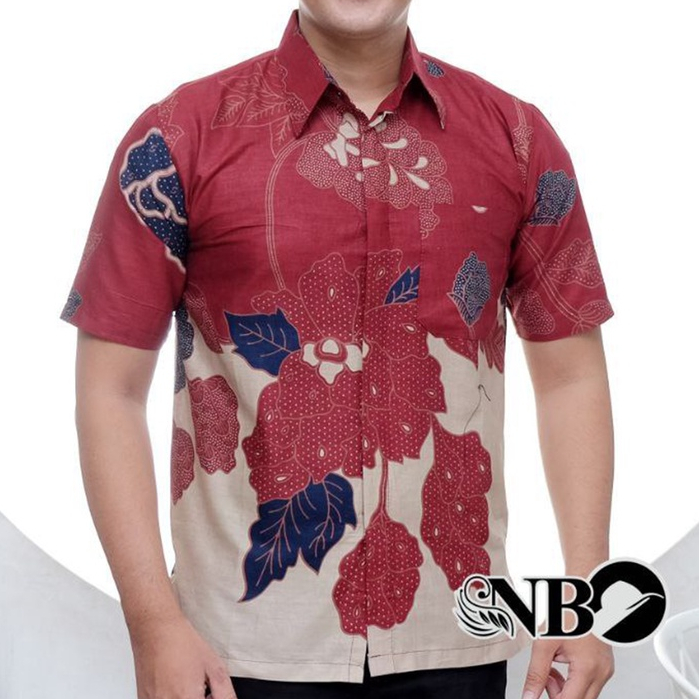 Kemeja Hem Baju Batik Pria Modern Lengan Pendek motif Mawar Maron Katun
