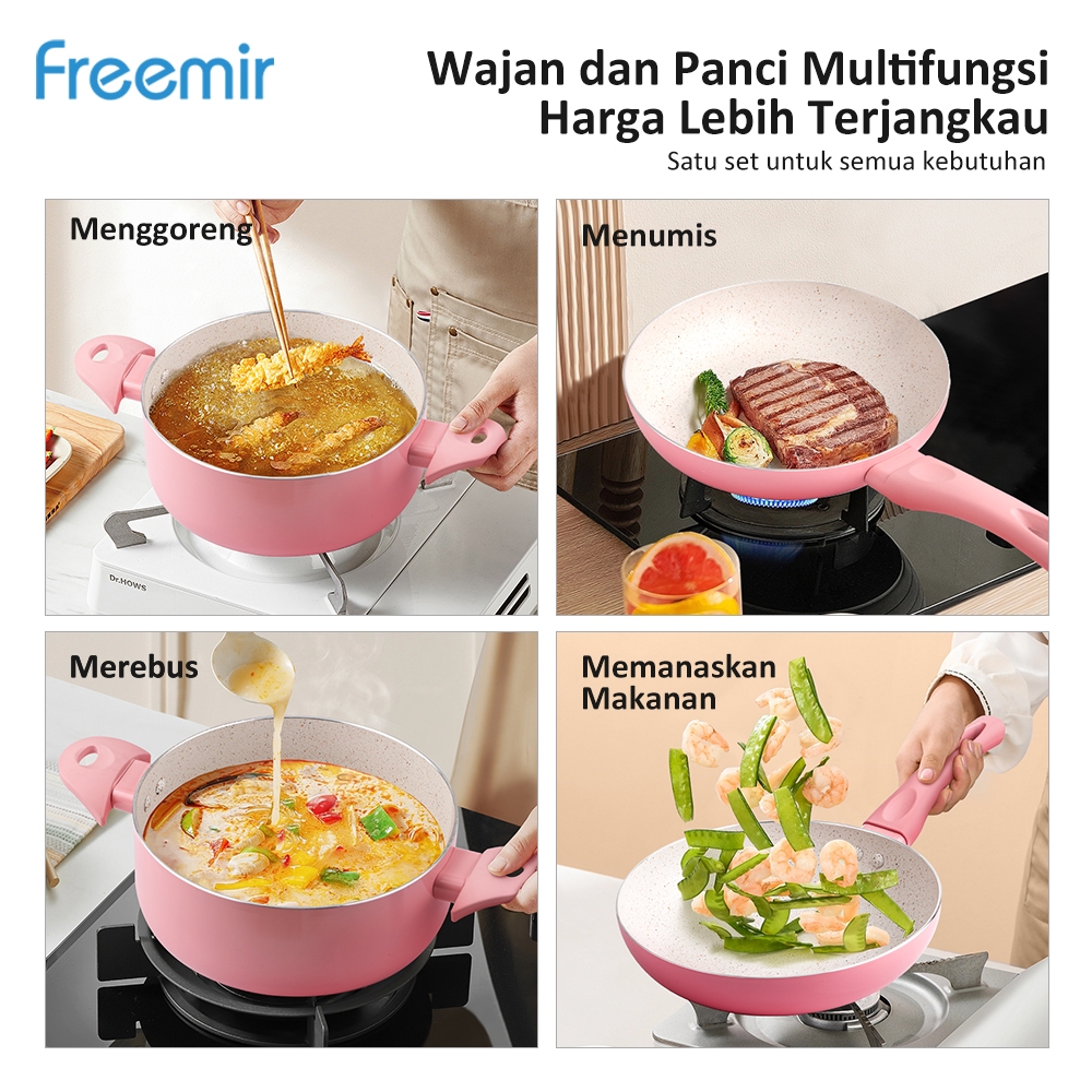 Wajan Panci Set Anti Lengket Wajan 20 cm Panci 18 cm Pink Tutup Kaca Gagang Tahan Panas