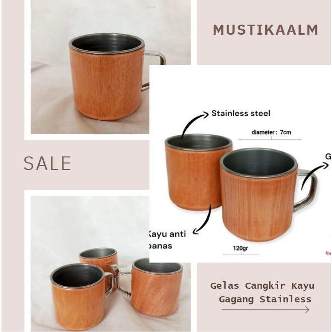 Gelas Cangkir Kayu Gagang Stainless Premium Anti Panas - Gelas Souvenir