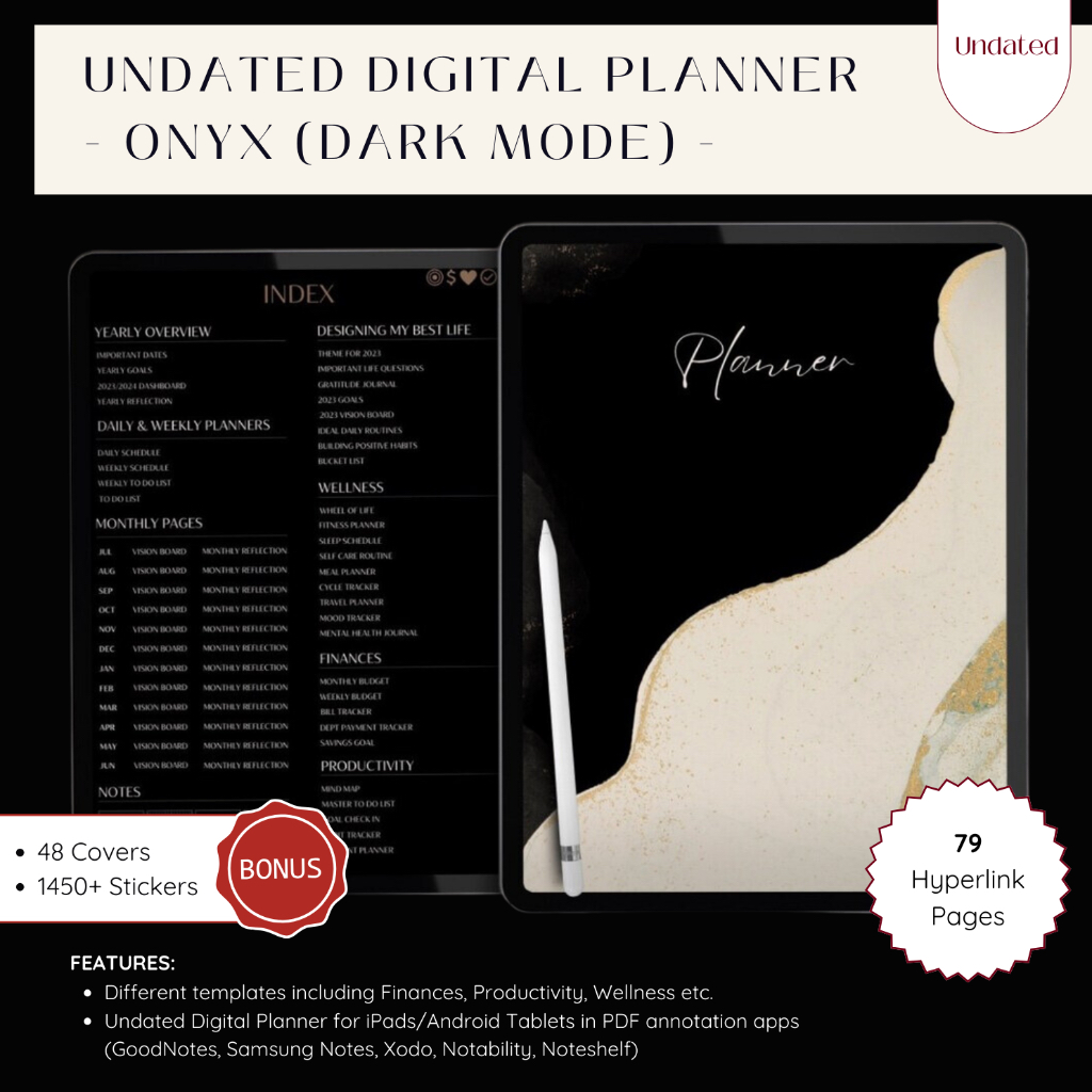 ONXY UNDATED Digital Planner untuk iPad/Tablet Goodnotes/Samsung Notes/Notability/Xodo Digital Journal Notebook Bullet Journal - Buku Planner/Jurnal Digital tidak bertanggal