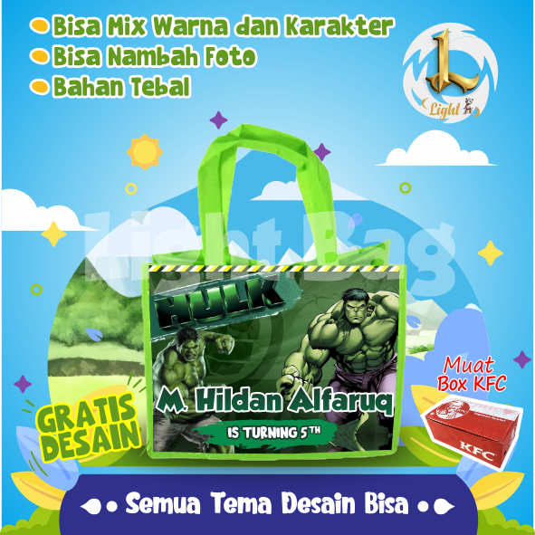 

TAS SOUVENIR ULTAH HULK CUSTOM / TAS SOUVENIR PREMIUM / GRATIS DESAIN / BONUS FOTO ANAK / GOODIE BAG CUTE HULK / TAS ULANG TAHUN HULK / TAS ULTAH CUSTOM / TAS SOUVENIR 2 HARI JADI / TAS ULTAH / TAS ULANG TAHUN / BISA TAMBAH FOTO ANAK
