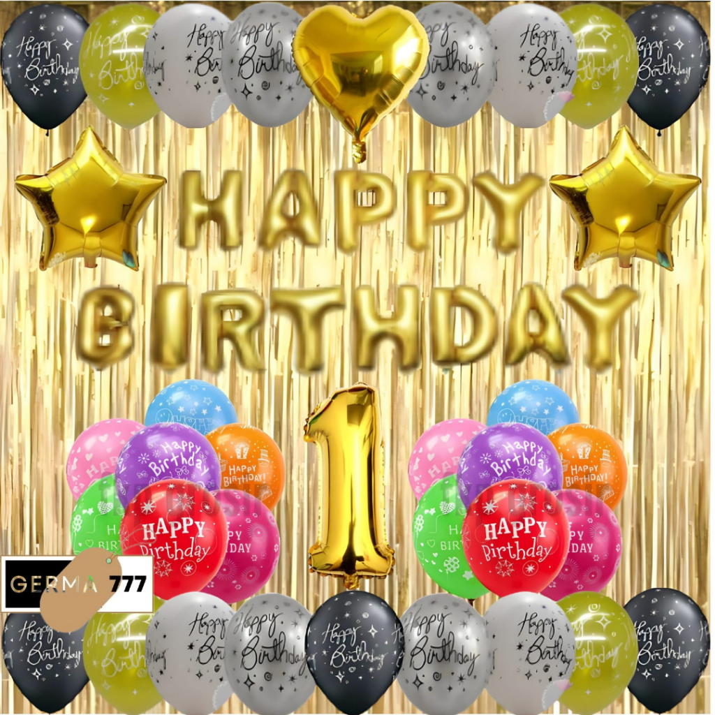 Dekor Ulang Tahun Simple Balon Happy Birthday Dekorasi Hiasan Pesta Ultah Anak Tirai Biru Tua Gold