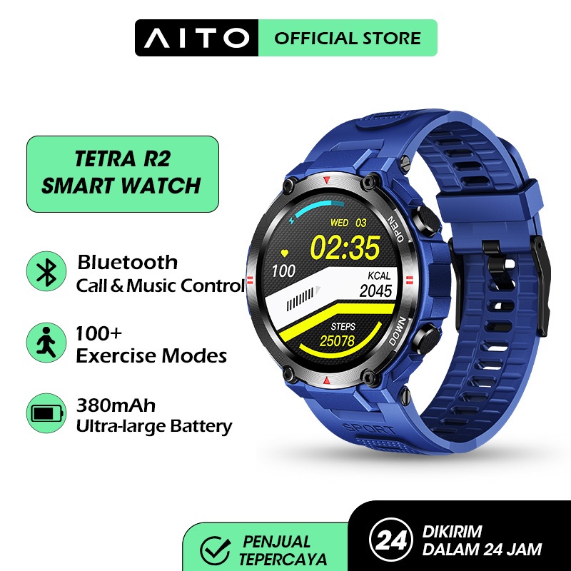 AITO Tetra R2 Smartwatch Waterproof IP68 Bluetooth Call Jam Tangan Pria Sleep Heart Rate Blood Pressure Monitoring Jam Tangan Wanita Sport Watch 400mAh Super Long Standby SmartWatch-Blue