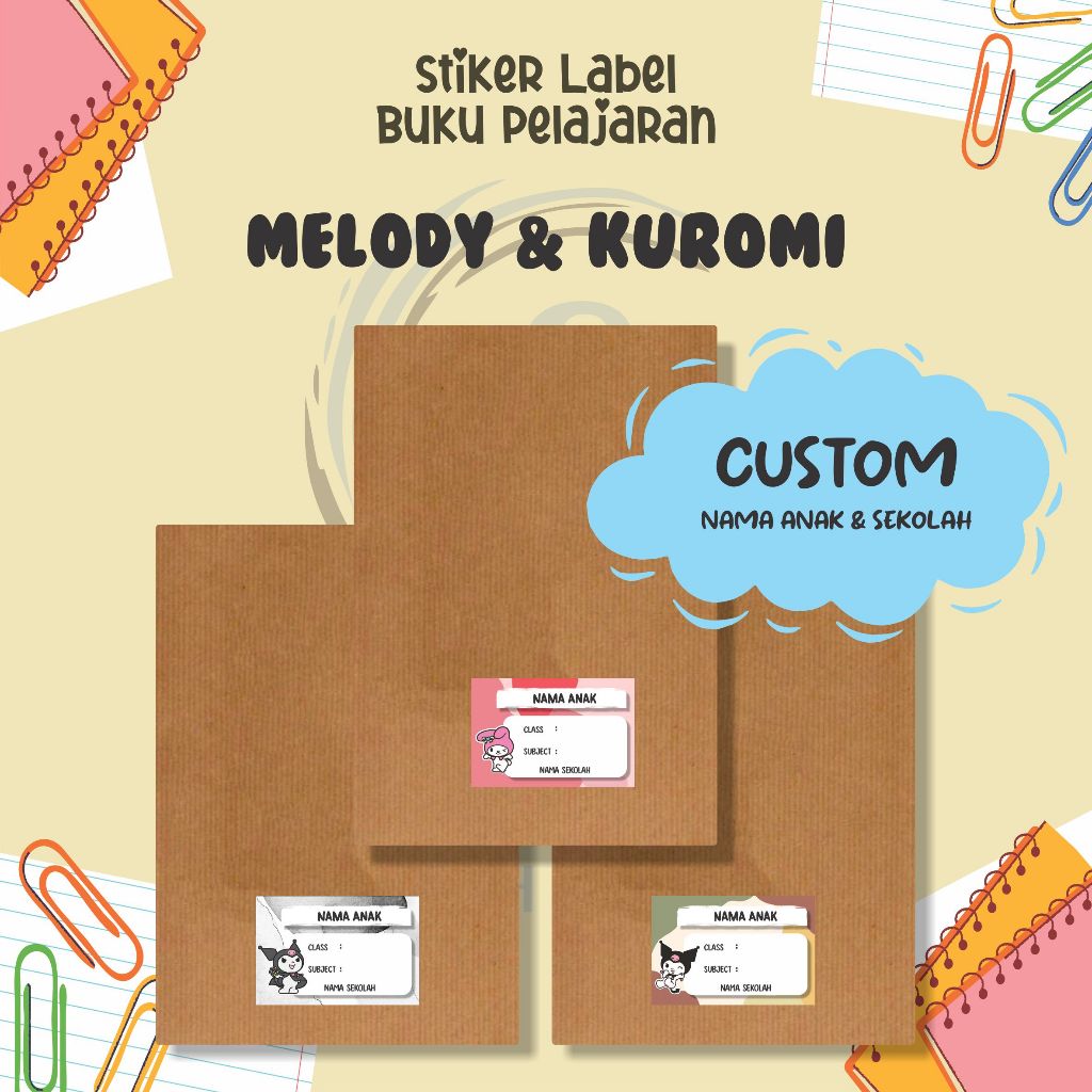 

( 30pcs ) Stiker Label Buku Pelajaran TEMA MELODY & KUROMI / Stiker Mapel Sekolah / Stiker Custom Nama Anak / Stiker Label Efek Hologram