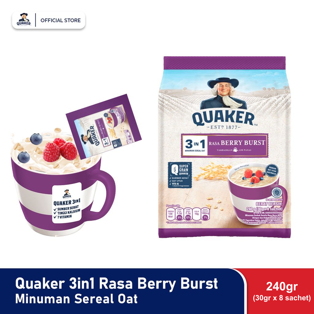 

Quaker 3in1 Berry Burst Polybag 240g Minuman Sereal Oats (Isi 8 sachet)