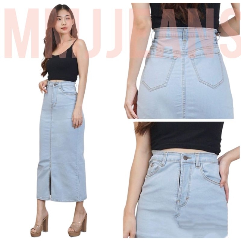 090725 Rok Jeans Panjang Skirt Midi Jeans 7/9 Rok Span Wanita Polos Belah Depan Bahan Jeans Melar / 