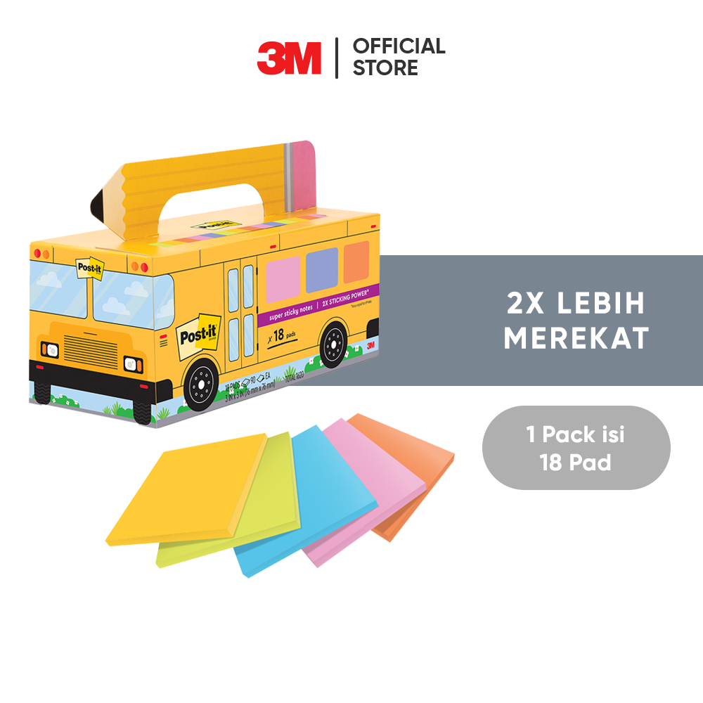 

3M™ Post-it® Super Sticky Notes, 654-18SSBUS, 2x Lebih merekat, 1 pak/10 pad, 76x76 mm, Sunnyside, Acid Lime, Blue Paradise, Tropical Pink, Vital Orange., Untuk berbagai permukaan