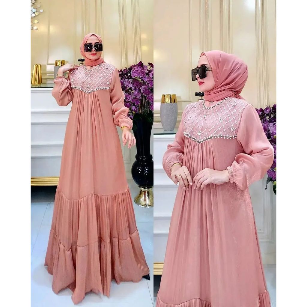 Rahila Dress / Gamis Muslim Wanita Matt Santorini / Dress Wanita Aplikasi Brukat Mix Payet Kekinian / Terlaris