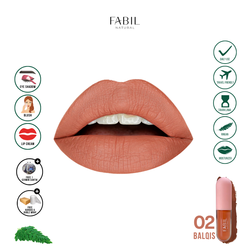 Moringa Lip Matte Lipcream Lipstick Shade 02 Balqis Fabil Warna Coklat Nude Mempercantik bibir kompo