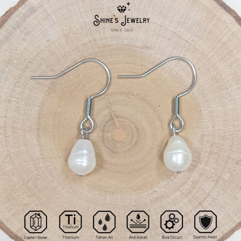 Hook Anting Mutiara putih asli dengan pengait titanium