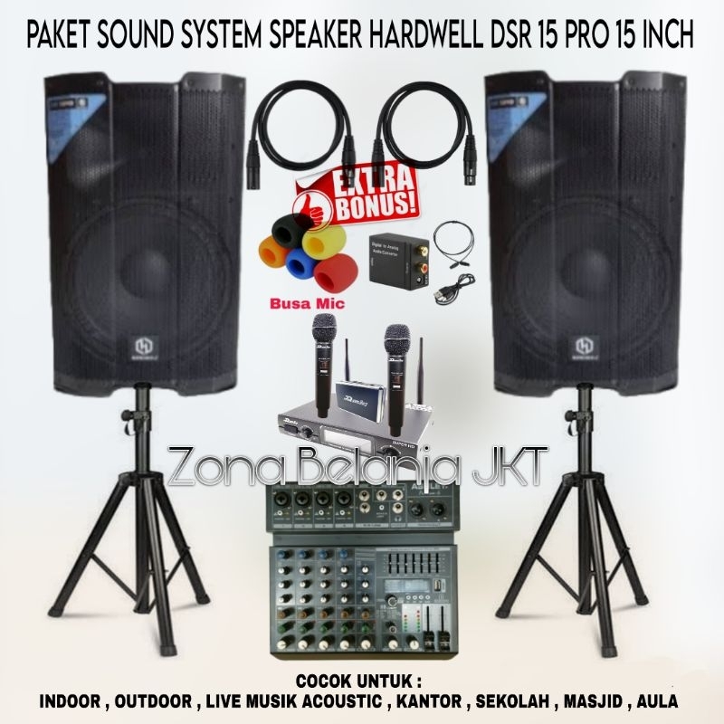 PAKET SOUND SYSTEM INDOOR OUTDOOR LIVE MUSIK SPEAKER HARDWELL 15 INCH AKTIF MIXER 6 CHANNEL USB BLUE