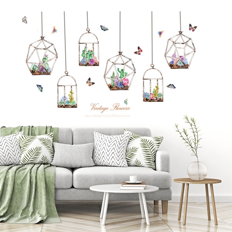 Reliza Wall Sticker Cactus Vintage Hanging Pot Gantung Kaktus Cristal Wallsticker Stiker Dinding LDR
