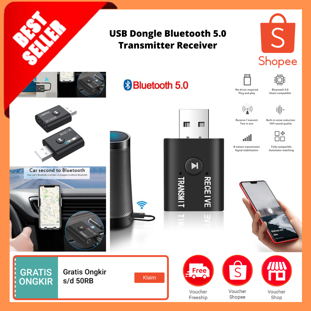 USB Dongle Bluetooth 5.0 Transmitter Receiver / Pemancar Bluetooth untuk Komputer TV Laptop Speaker 