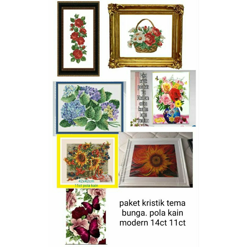 kristik pola kain paket lengkap 11ct 14ct tema bunga