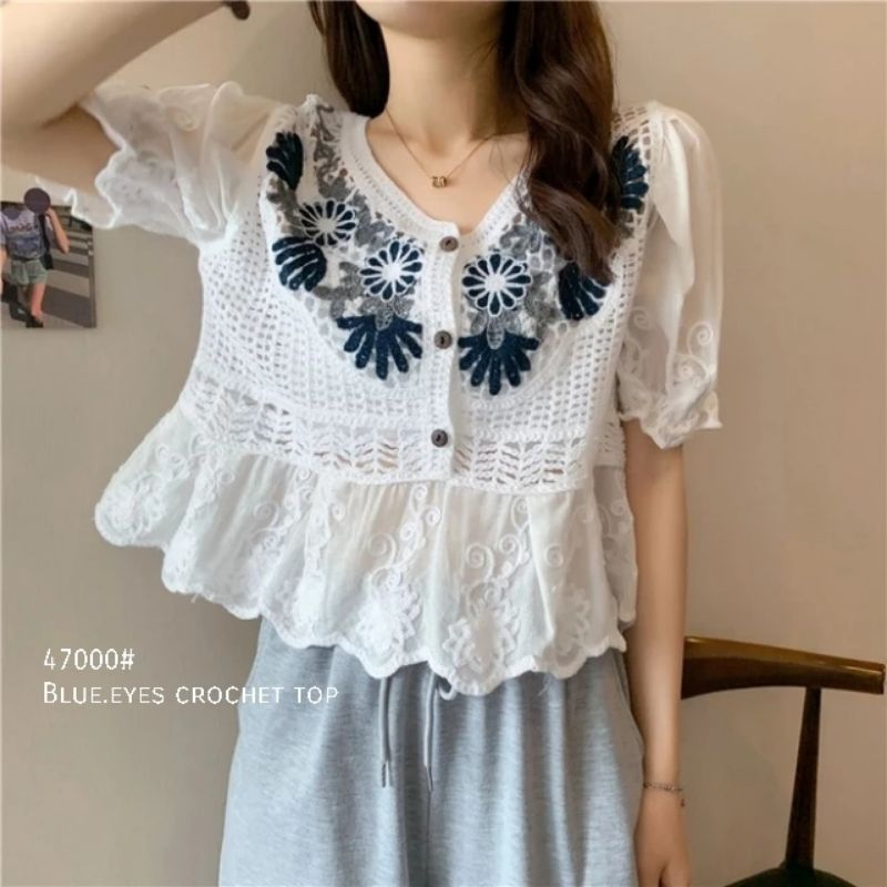 47000 Baju atasan blouse BLUE CROCHET TOP lengan pendek rajut bordir Bali putih creme Korea Korean s