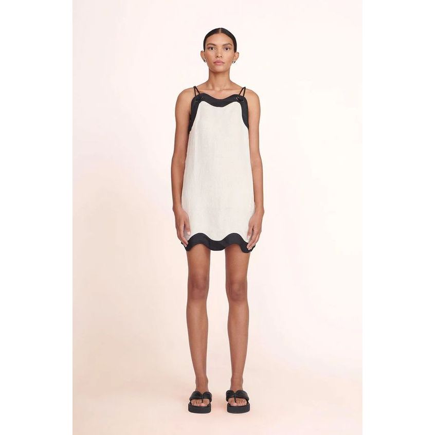 Dress wanita AXA Linen dress scallop edges baju pantai wanita hitam putih korea style fashion