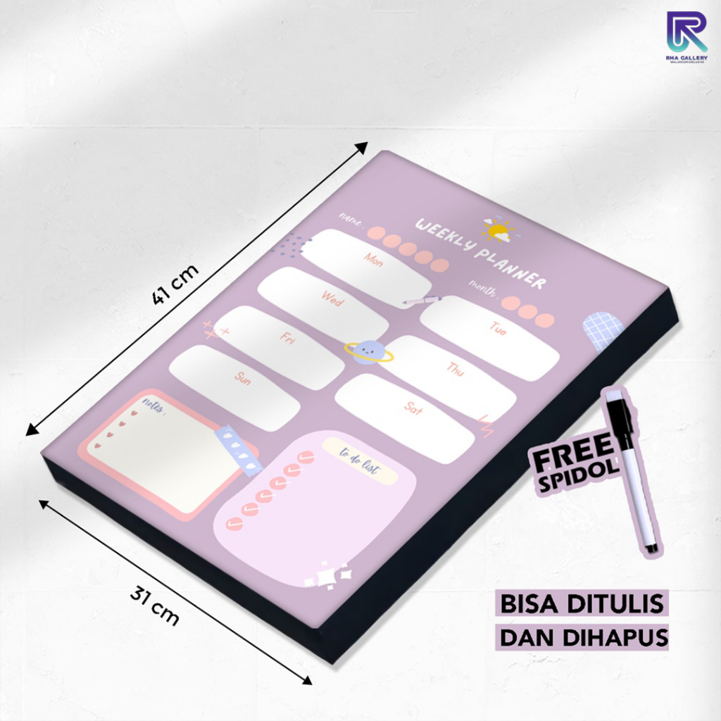 RHA GALLERY Papan Tulis Kayu Kamar Daily / Weekly Planner Schedule Board Aesthetic 31x41 CM