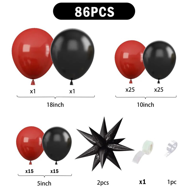 86pcs PAKET BALON STARBUST HITAM MERAH