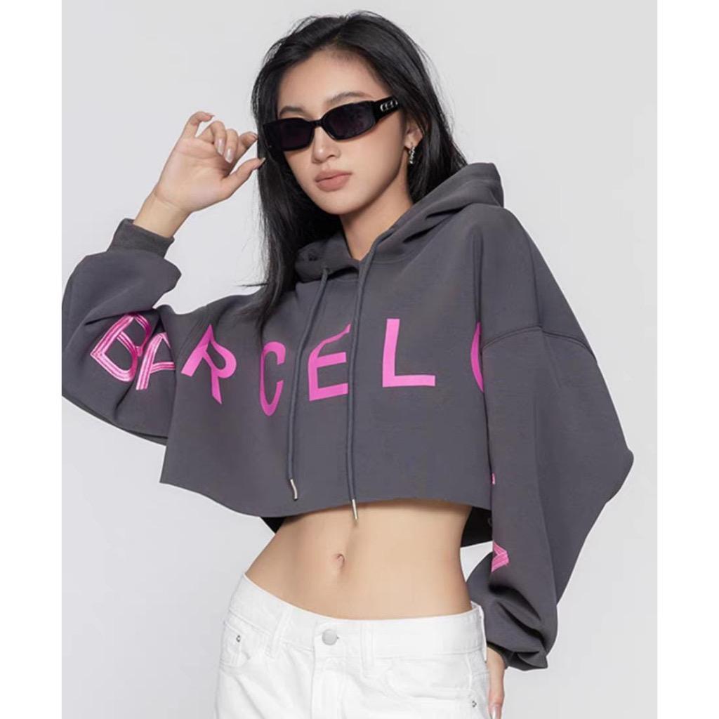 SWEATSHIRT CROOPE OVERSIZE - SWEATER CROP HOODIE BARCELONA - BAHAN FLECE STREET STYLE TERBARU