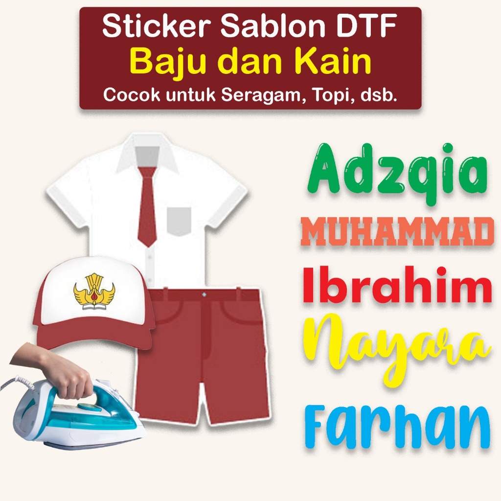 

Sablon Stiker Setrika Custom Label Nama Tulisan Kain 1 Pack isi 50pcs 30pcs 1pcs