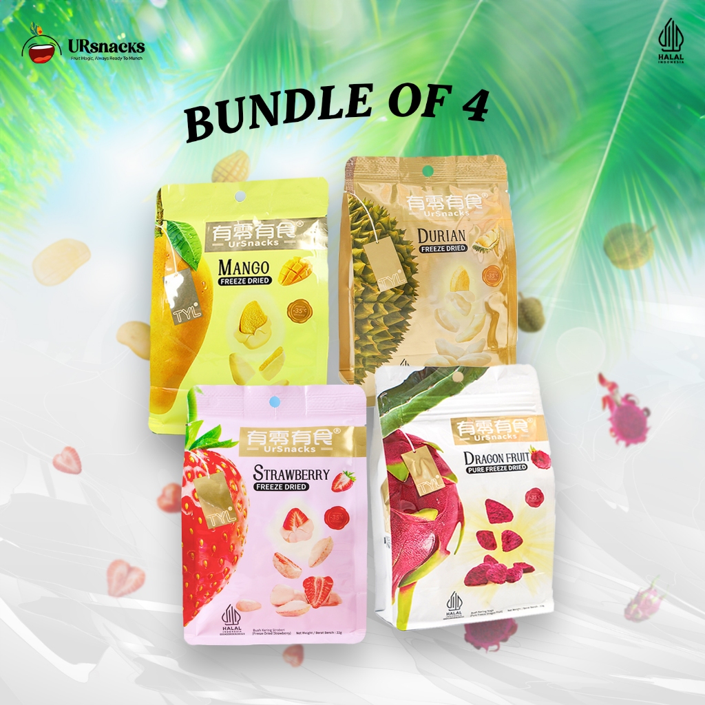 

URSNACKS PAKET HEMAT BUNDLING 4 - FREEZE DRIED KERIPIK SEHAT DURIAN 32gr + MANGO 22gr + STRAWBERRY 22gr + DRAGON FRUIT 22gr BUAH SEHAT VAKUM LOW SUGAR SEHAT