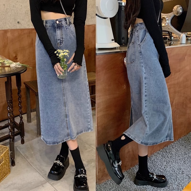 Korea Rok Panjang Highwaist A-line Rok Kasual Striaght Denim A-line Rok Jeans Vintage Midi