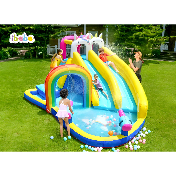 Unicorn Double Water Slides Bouncy Playground -  Istana Balon - Perosotan - Kolam Bola - Kolam Berma