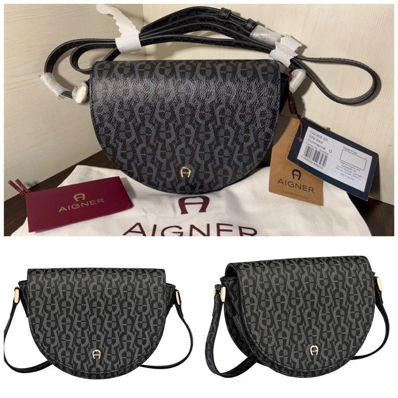 Tas bahu Selempang Motif Signature Aigner Model Half Moon Warna HitanmAigner Joy Logo Sholder Bag