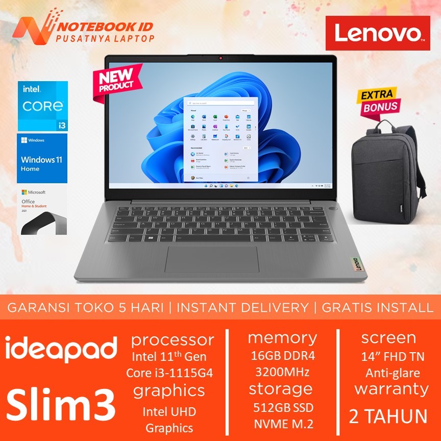 Laptop Lenovo IdeaPad Slim 3 Core i3-1115G4 16GB 512GB Ssd FHD W11 OHS