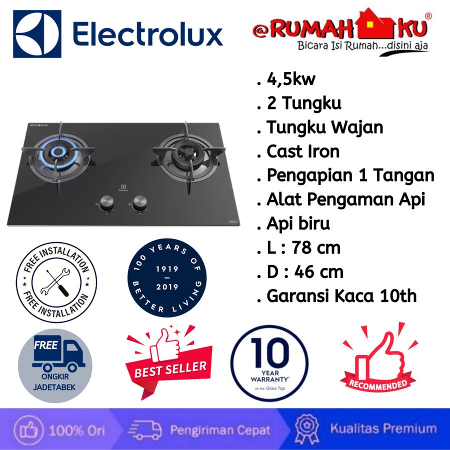KOMPOR TANAM (STAND) ELECTROLUX EHG 7230 BE / EHG7230BE BUNNER KUNINGAN TEMPERD GLASS