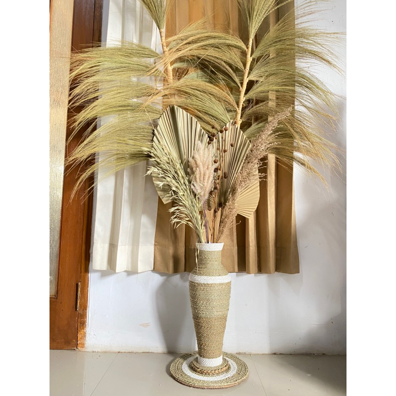 Paket Jumbo Bunga Kering dan Pot Guci Tinggi 50cm | Daun Palem Kering | Dekorasi Rustic | Dekorasi R