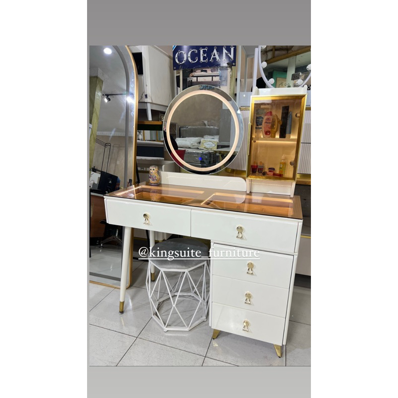 KSF RYU | Meja Rias Modern Lampu LED Cermin Bulat & Laci Organizer | Meja Rias Minimalis Cermin LED