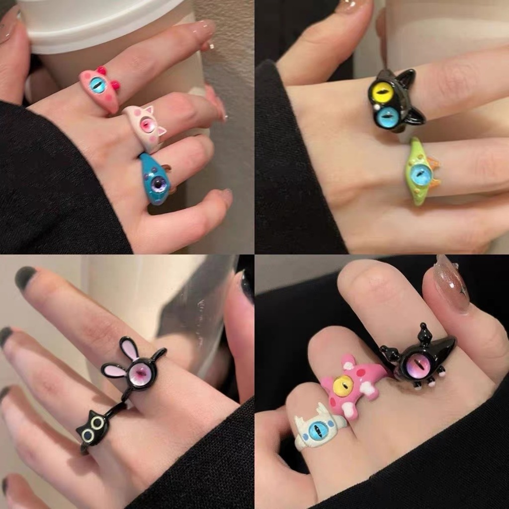 COD❤️Cincin Korea Funny Monster Hitam Ring Big Eye Sweet Cool Kartun Lucu Aesthetic Warna-warni Cincin Couple  Untuk Anak Perempuan- cl