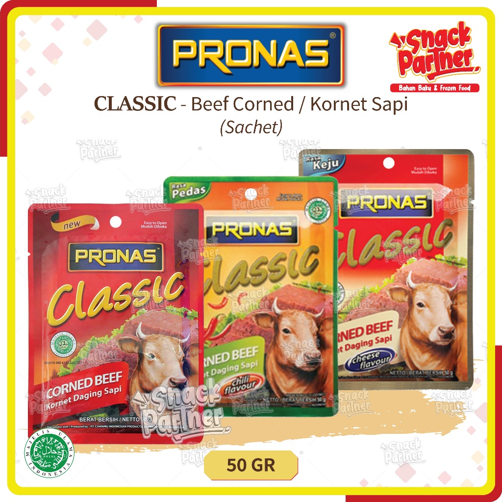 

PRONAS - CLASSIC KORNET SAPI 50 GR / SACHET - Daging Beef Corned Ham Original Keju Cheese Pedas Chili Hot 50 GR