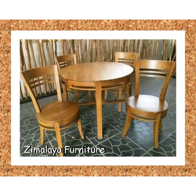 Meja Makan Bundar Jati 4 Kursi Minimalis, Set Meja Makan Cafe 4 Kursi Berkualitas