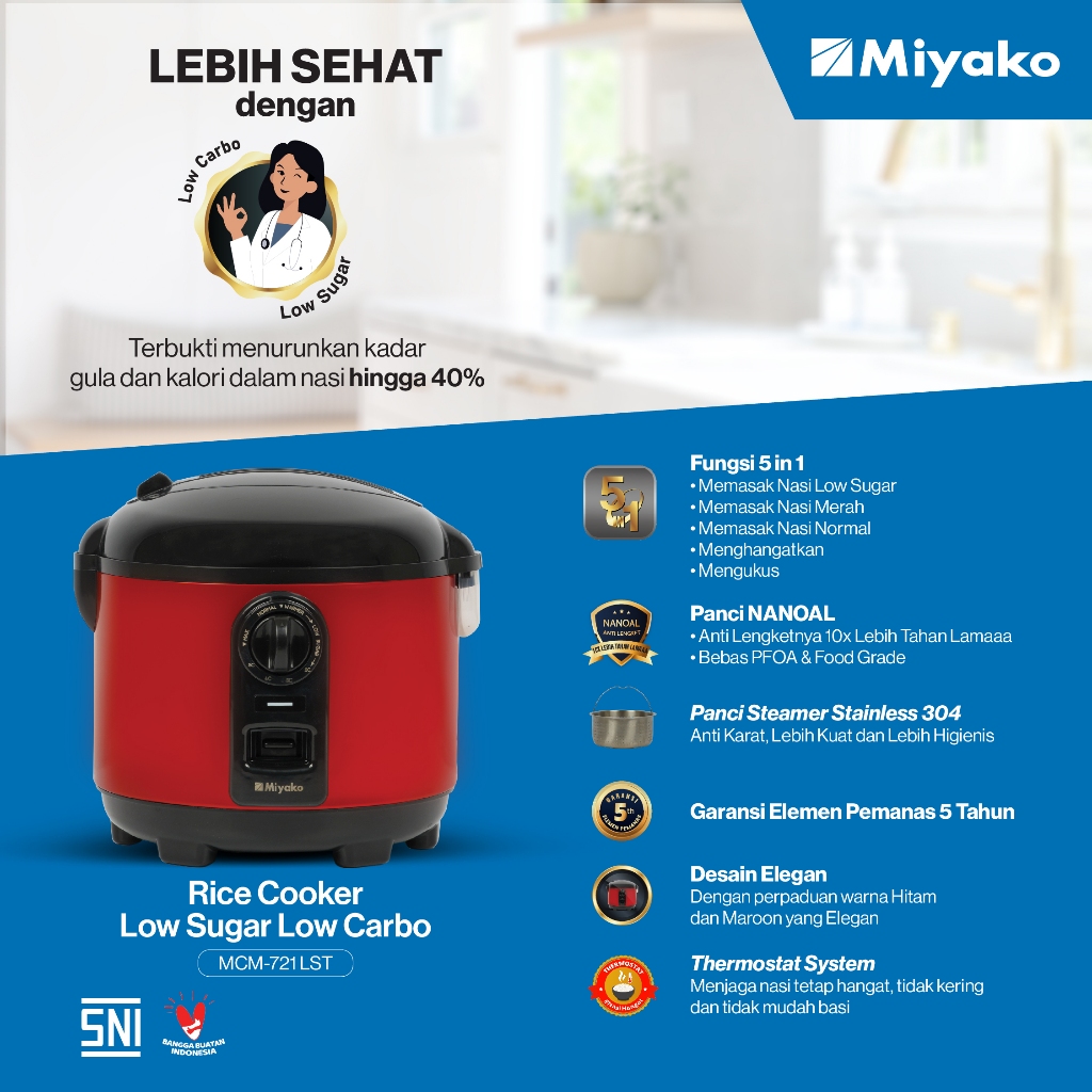 Magic Com Low Sugar Carbo Miyako MCM721LST -  Rice Cooker 3 in 1 - Magic warmer plus 1.8 Liter