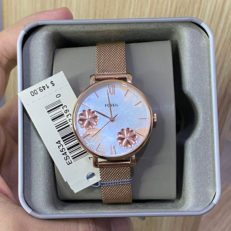 jam tangan Es-4534 Whitee Florall Dial Rose Gold Mesh Strap