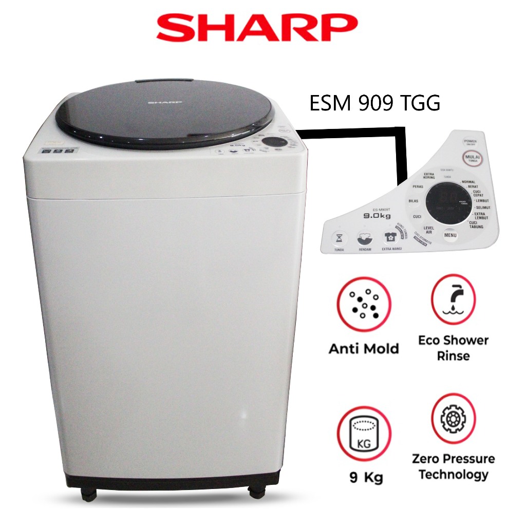 Sharp Mesin Cuci 1 Tabung Top Loading 9Kg ESM 909TGG