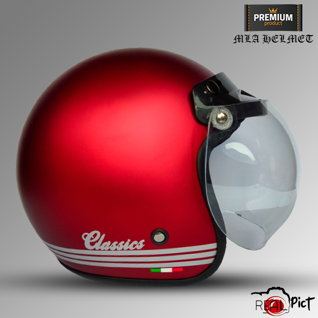 Helm Bogo Retro Polos CLASSIC Ful Leher Kualitas PREMIUM Kaca Datar Injak Hitam/Bening Kaca Cembung 