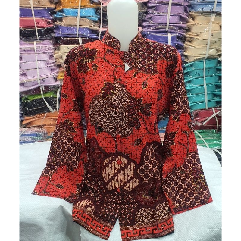 BLOUSE BATIK LICIN WANITA MERAH KERORENAN CORAL ORANGE BATA TERRACOTTA LENGAN PANJANG MURAH SERAGAM 