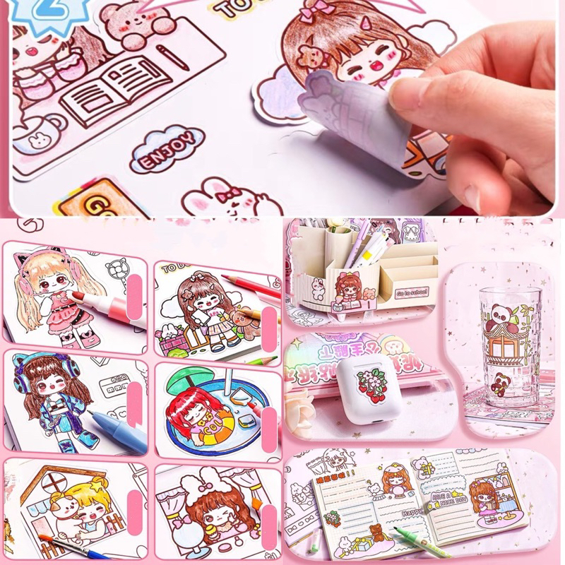 IK6 DIY Cute Diary Sticker Coloring Book Buku Sticker Mewarnai Prakarya Anak