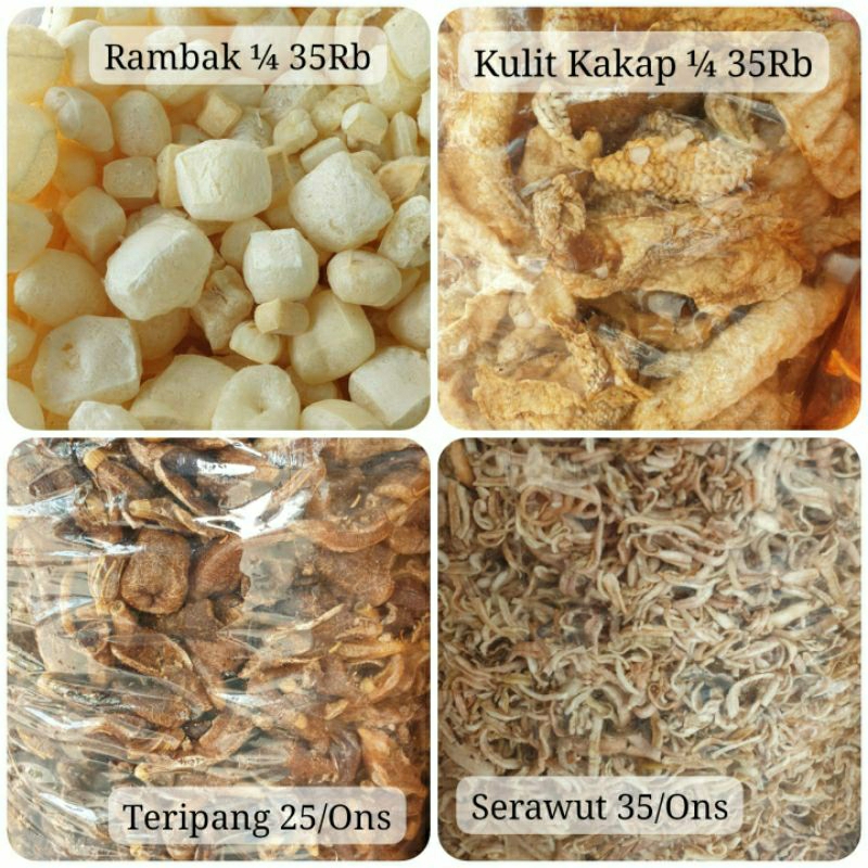 

Aneka Kerupuk SeaFood Kulit Kakap Rambak Serawut Teripang Lorjuk Wader Layur