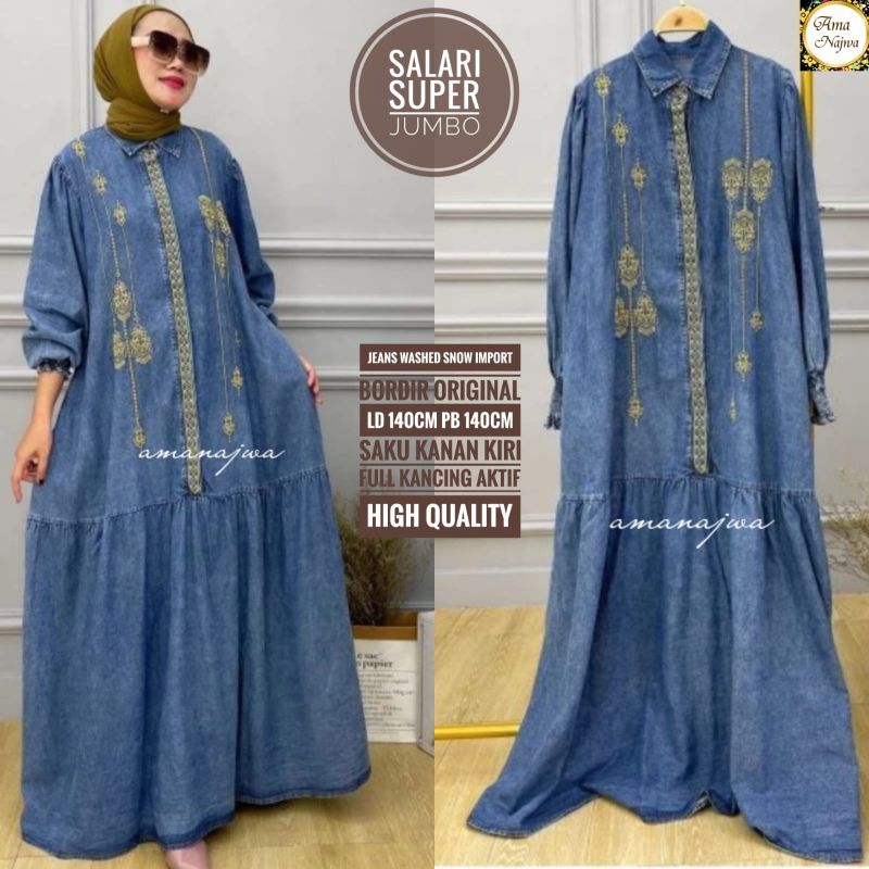 Gamis Jeans Wanita Super Jumbo Big Size Dress LD 140 bahan Jeans Wash Snow Import Bordir Original