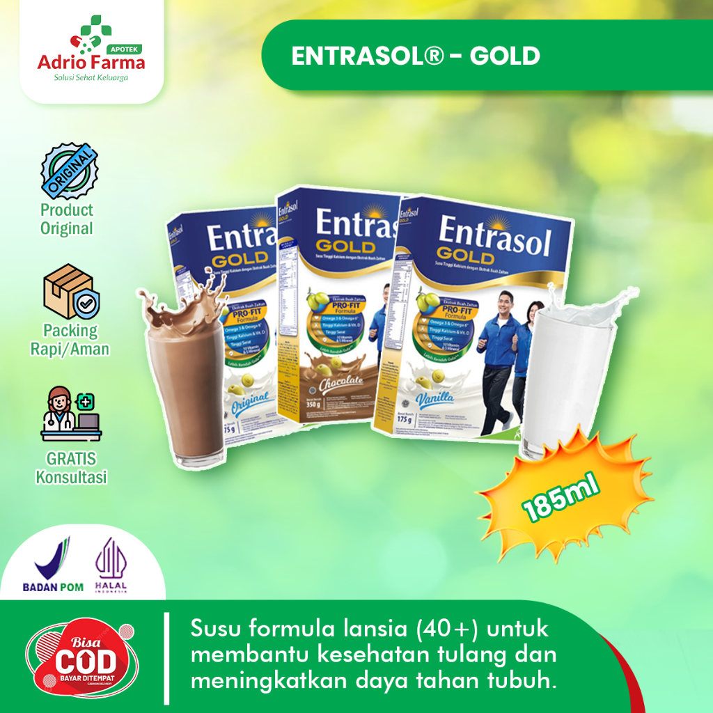 

Susu ENTRASOL - GOLD Box @ 175 Gram - Varian Rasa ORIGINAL / VANILLA / COKELAT - Susu Kesehatan Tulang untu Dewasa & Lansia